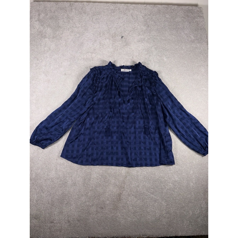 vineyard vines navy plaid ruffle peasant blouse xl Silk/rayon